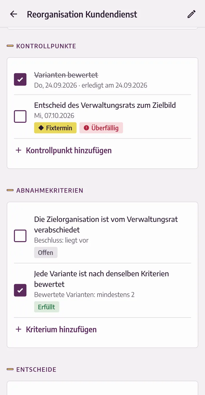 Etappe «Zielbild und Varianten»: Kontrollpunkte mit Datum und Fixtermin, Abnahmekriterien mit Messgrösse und Zielwert zum Abhaken.