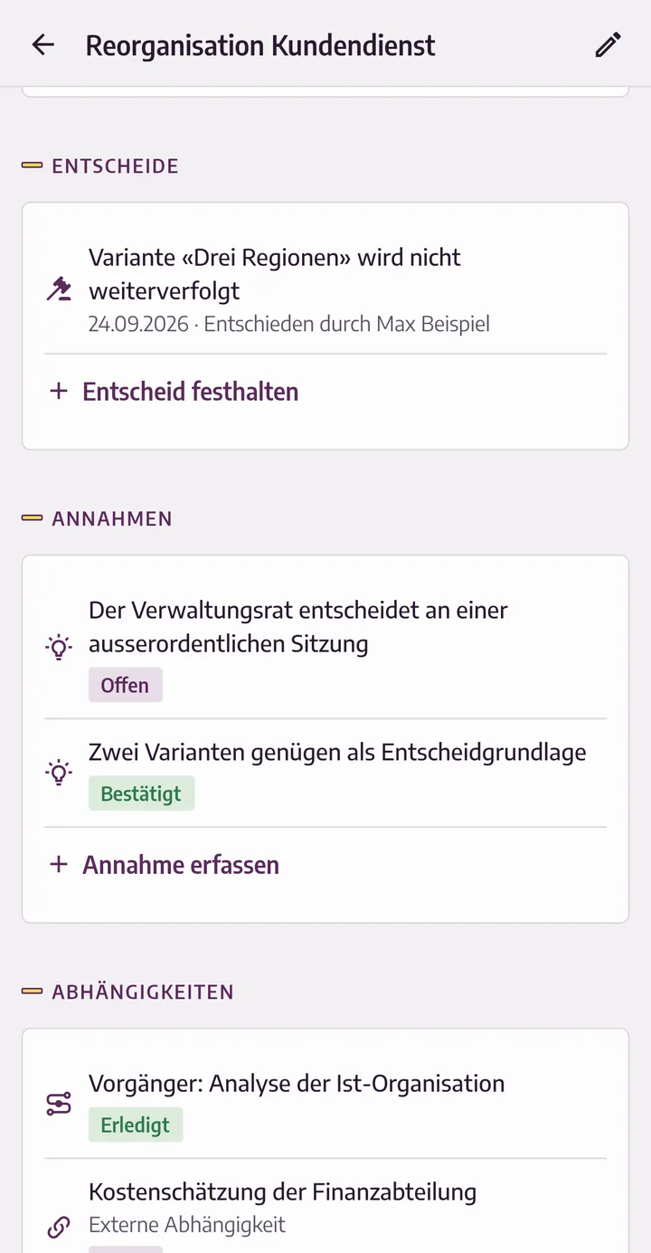 Register einer Etappe: ein festgehaltener Entscheid, zwei Annahmen mit Status und zwei Abhängigkeiten, davon eine Vorgänger-Etappe.